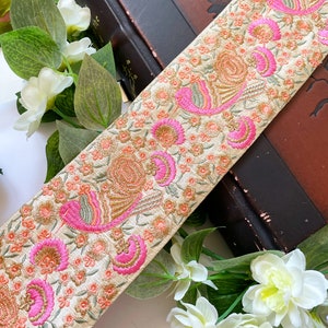 1 jarda de tecido bordado com bordado indiano para bolsa de praia e enfeite de fita para artesanato com pássaro rosa adorável