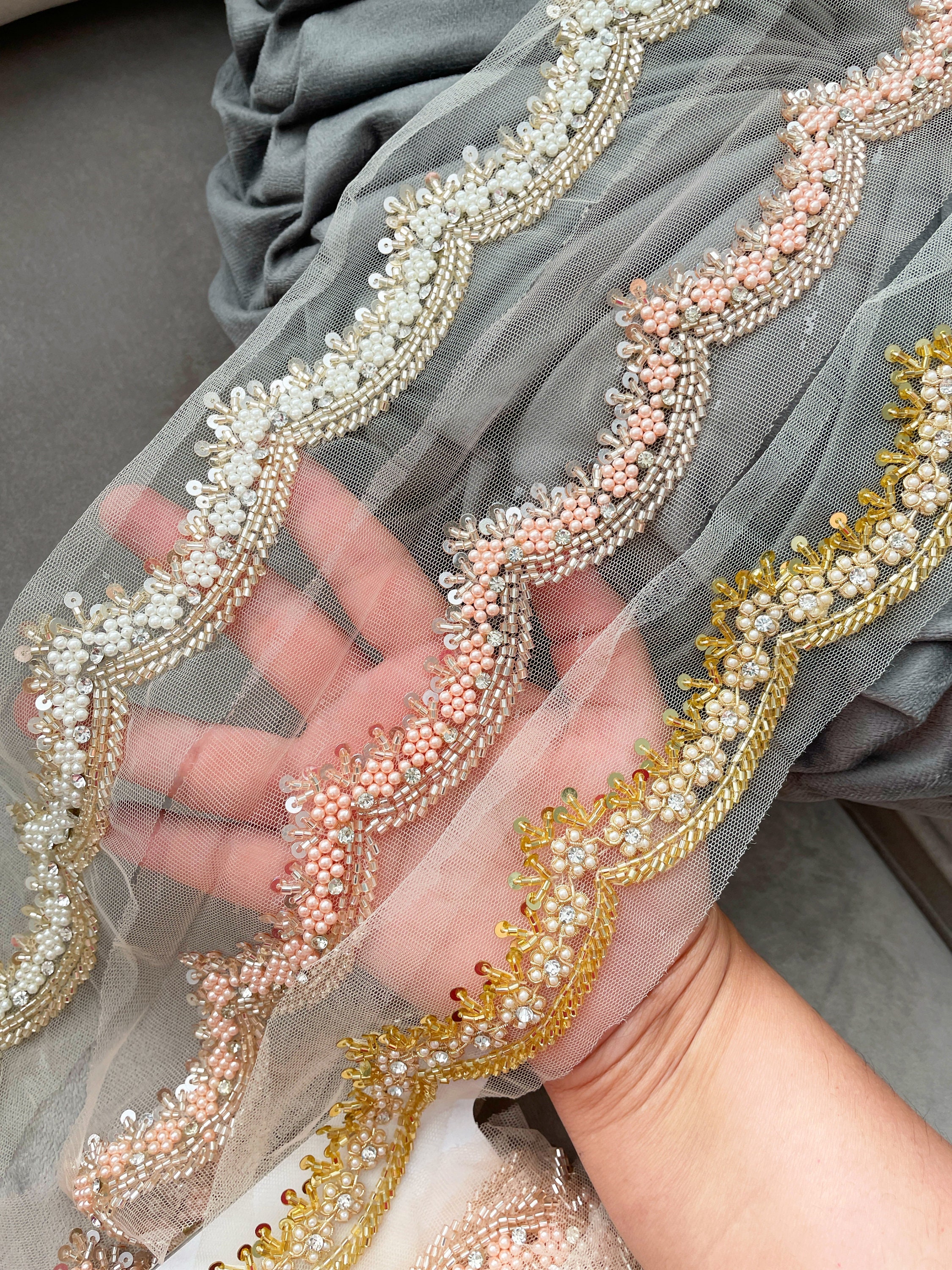 Hand Embroidered Pearl & Diamante Trim: Bridal Sash Applique (2.5 