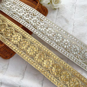 1 Yard Pale Gold/ Gold Gota Sequin Embellished Embroidered Indian Net Fabric Dupatta Dress Sewing Crafting Lace trim 8 Cm Wide