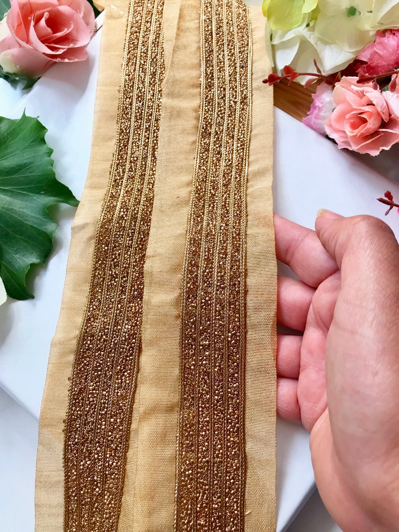 Gold Seed Beads Lace Saree Border Trim for Headdress Pearl Trim Indian Lace Indian Trim Holiday Decoration 1 Yard LM2019#502