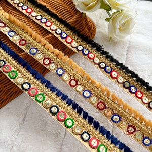 1 Yard Black/Navy Blue/Fone Fringe Foil Mirror Embellished MulticolourGota Fabric Lace indian Sewing Craft Lace trim Sari Dupatta  Trim