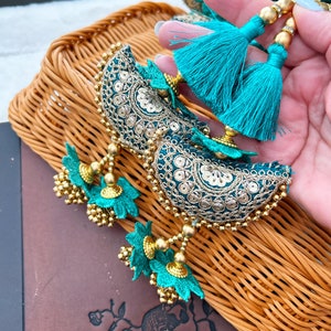 Rama Green Fringe gold Bead Embellished, Bridal Tassels, Decorative , Blouse Tassels, Indian Tassels Sewing Latkans  1 Pair