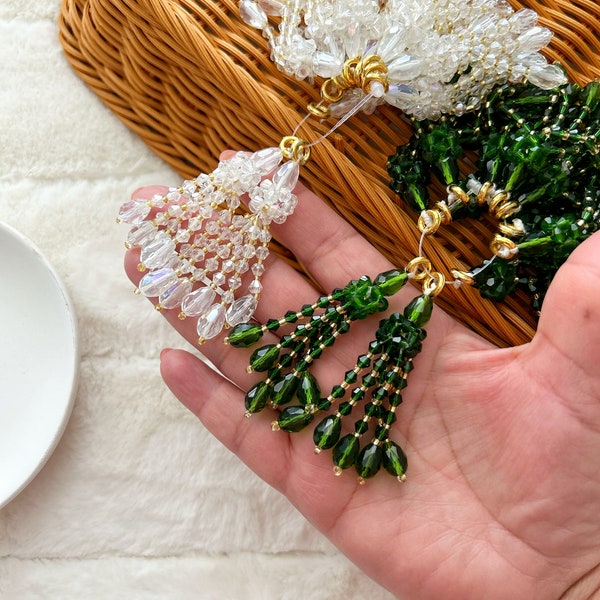 Bottle Green/ White Crystal Multi string Embellished, Bridal Tassels, Decorative , Blouse Tassels, Indian Tassels Sewing Latkans  2 Pair