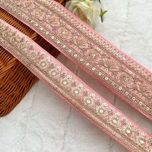 9.5 Yard Pink Gold Zari Sequin Embellished Embroidered Scarf Dupatta Cushion Bag Craft Lace, Sewing Saree Indian Lace trim