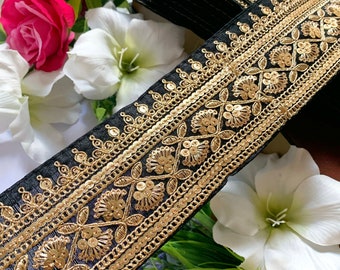 1.39 Yards Black Indian Sari Trims Embroidered Saree Ribbon Sewing Fabric Crafting Embroidery Wedding Costumes Sequined Trimming Width 7  cm