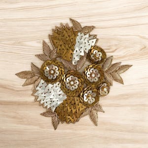 Latest Indian Antique Gold Pale Gold Sequin Zardosi Floral  Shaped Handmade Sewing Crafting Applique vik11 r1 4b