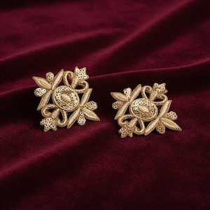 8cm Indian Zardosi Leaf Floral Applique, Shampion Gold Sequin Regal Patch, Pair