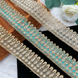1 Yard Fone/ Ramagroen/Gouden Steen Met Parel Verfraaid Paisley Saree-randnetstof Sari Dupatta Kant Indiase bies - Breedte: 5 cm