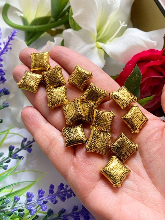 20 X Antique Gold Metal Spacer Beads,beautiful Design, Square Spacer Beads  15mm X 6mm 