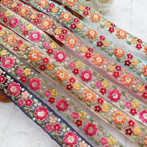 1 Yard C Green/Cream/Fone/Pink/Grey/Navy Blue/Pista Sequin Embellished Embroidered Floral Net Trim  Sari Lace Dupatta Indian Sewing  3.5 Cm