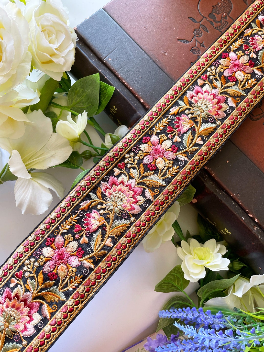 1 Yard Embroidered Black Fabric Trim Decorative Embroidery Saree Ribbon