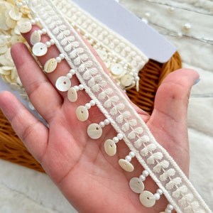 1 Yards Crochet Mother of Pearl, Pearl Embellished Lace Trim, DIY Jean Jacket Trim, Beach décor, Bikini Trim, Scarf Lace, Belly Dance