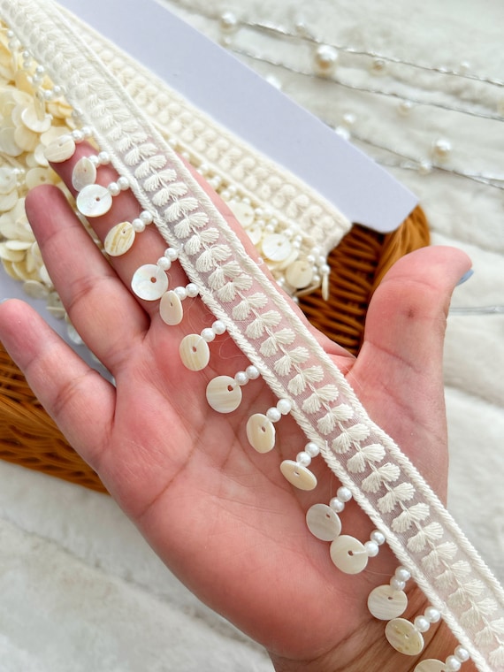 Mother of Pearl Crochet Lace Trim, Sequin Flower Embellished 1