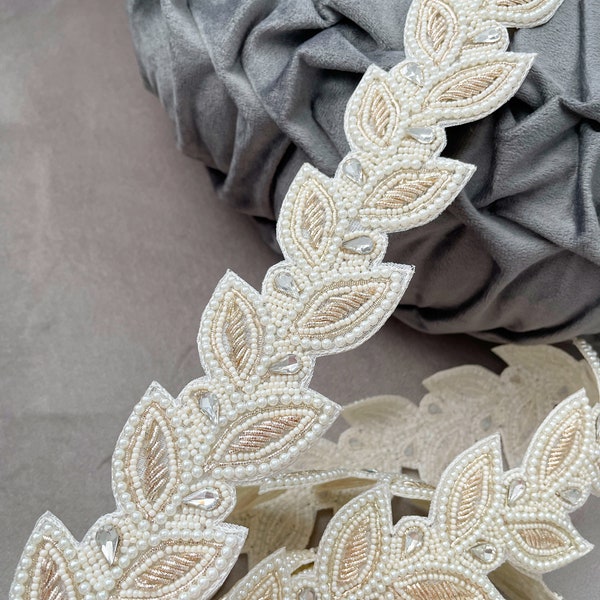 1 Yard Cutwork Pale Gold whiteCutdana Bead Floral Trim Hand Embroidered Trim Diamante Bridal Belt Showers Bridal Applique Sash 5 Cm Wide