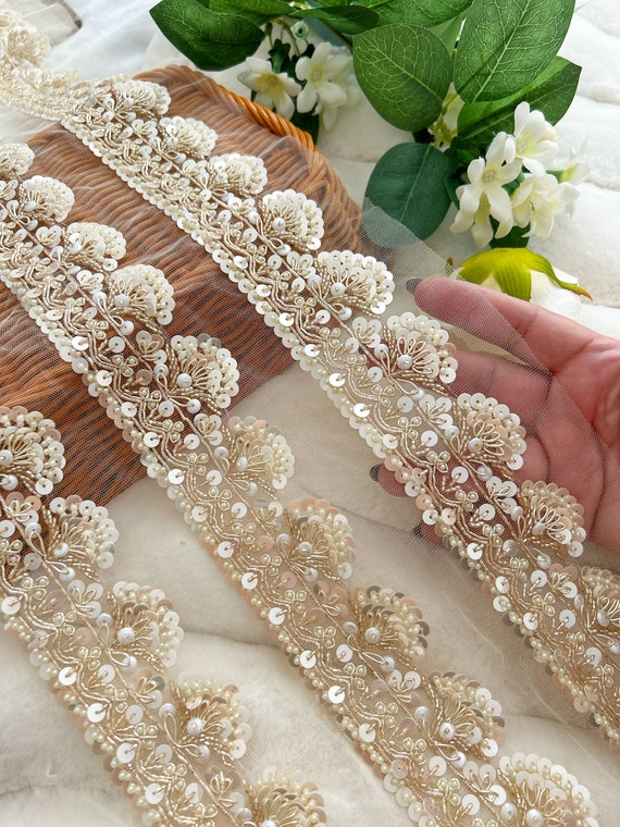 Antique Gold Lace With Pearl Beads Vintage style Trimming Wedding 1.5cm  approx