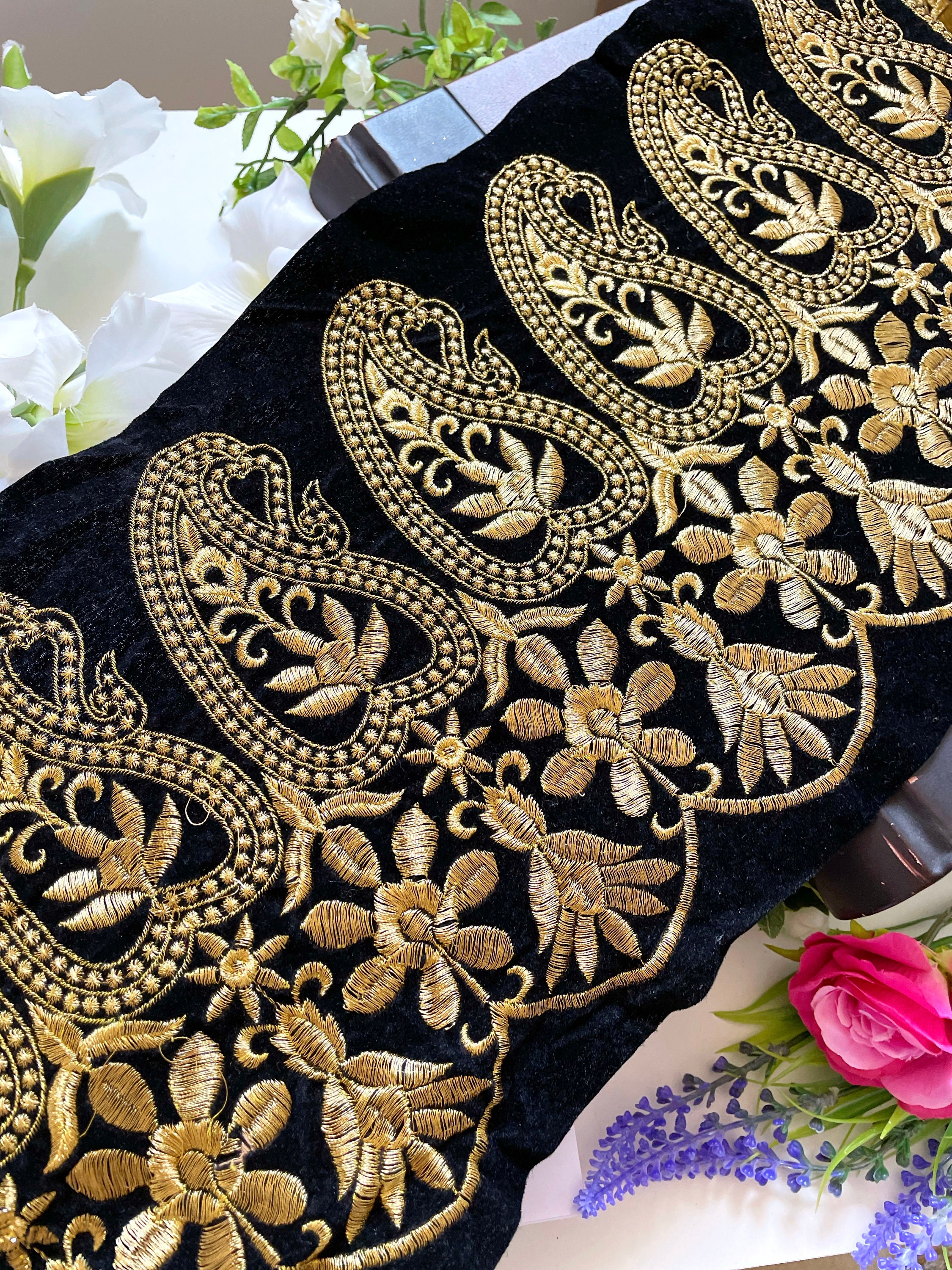 Zigzag Black Gold Trim Lace Embroidered Velvet Military Vestment LARP  Upholstery Home Decor Sewing Crafts