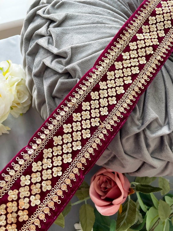 9.5 Yards Bridal Wine Indian Gold Zari Sequin Embroidered Lace