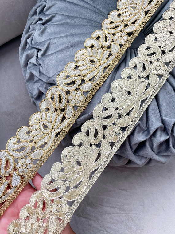 Metallic Gold ,Silver Lace Trim Indian Cutwork Zari Stone Sari Dupatta Sew  on