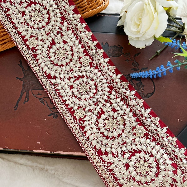 4.3" Wide Maroon Gota Embellished Indian Gold Zari Embroidered Wedding Sash Dupatta Sari Lace Trim Wedding Saree Trimming Crafting Border