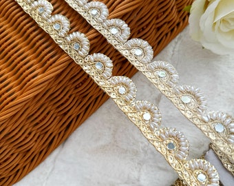9.5 Yards Gold White Pearl Embellished Indian Zari Pankhi Scallop