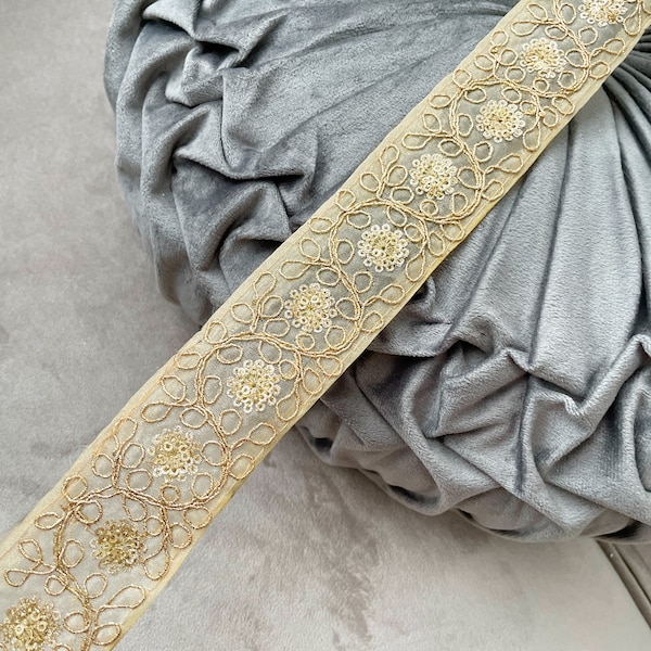 Cream Net Fabric Zari Sequin Embellished Trim  Laces Indian Embroidered Trimmings Ribbon crafting Sari Sewing border 4.4 Cm Wide