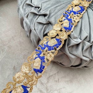 3 Yards Indian Royal Blue Gold Zari Sequin Embellished Elephant Cutwork Dupatta Saree Crafting Embellished Fabric Lace Trim 4.5 Cm Wide