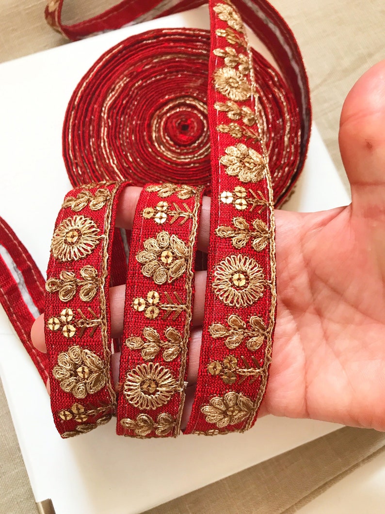 2.5 cm wide lace Indian Border Thread embroidery Maroon Embroidered Lace Trim Indian sari lace Sequin Flower lace by 4.80 yard Ribbon
