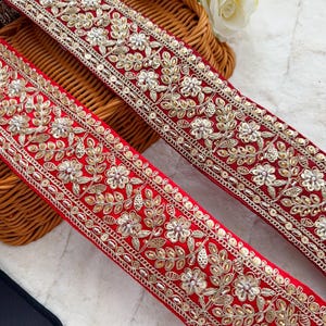 1 mètre Rouge/bordeaux Floral Zari Sequins Perle Cutdana Ornements brodés Couture mariée Dupatta Artisanat Saree Bordure en dentelle indienne 7,3 cm