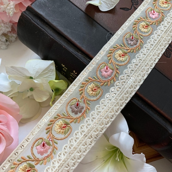 1,60 m Floral gestickte Pailletten Sari Borte: Gelb, Pink, Lila Netzputz