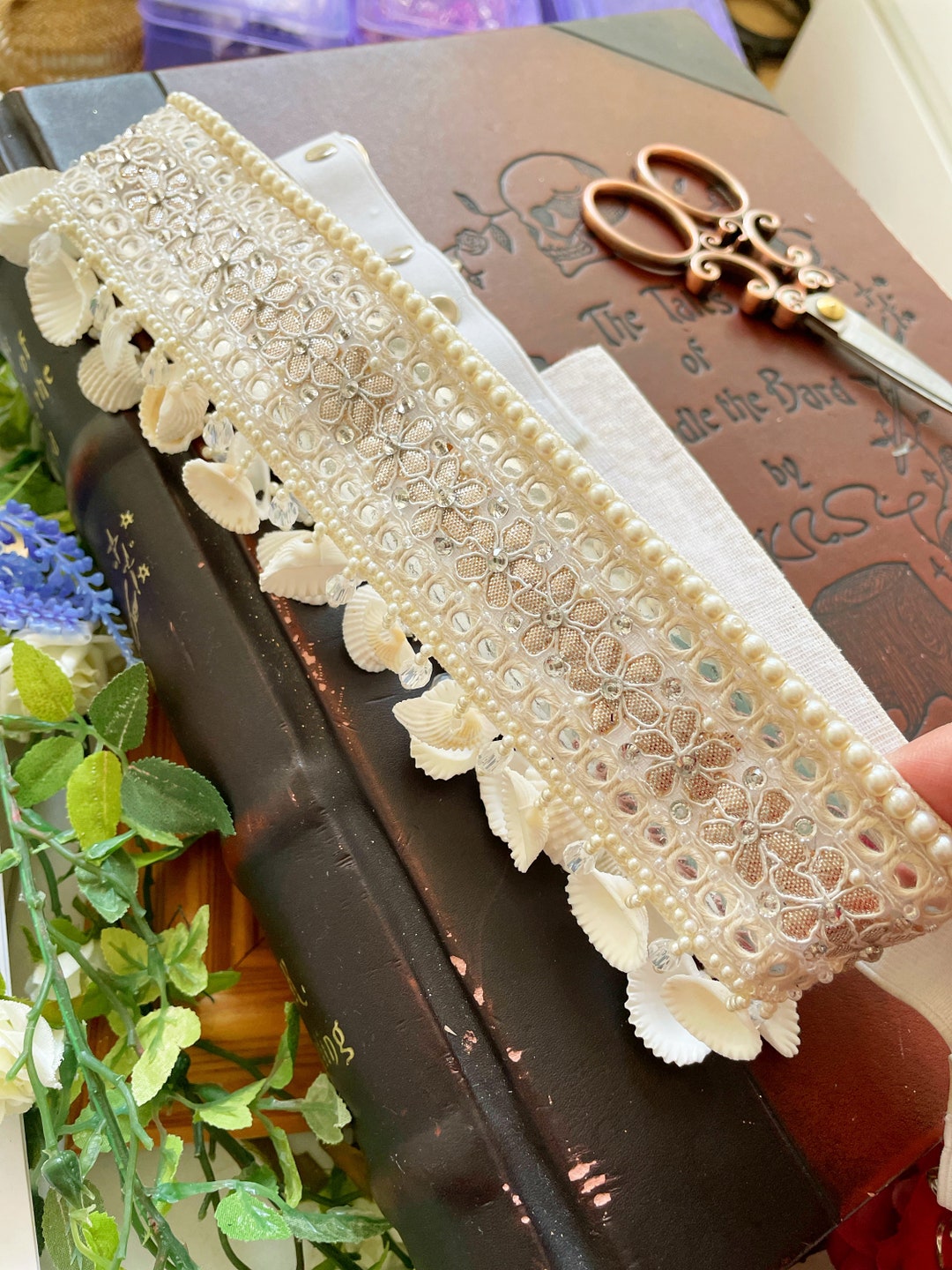 Indian White Gota Pati Embellished Cowrie Shells Pearl Handmade Sari ...