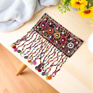 Beaded Pocket Patch: Multicolour Embroidered Applique with Tassels