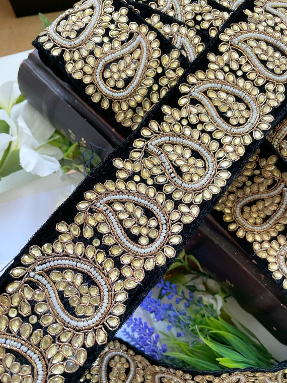47 Cm 50 Cm Black Silver Zari Zardosi Kundan Beads Pearls Stone Embellished Vintage Lace Sewing Crafting Hand Embroidered Lace