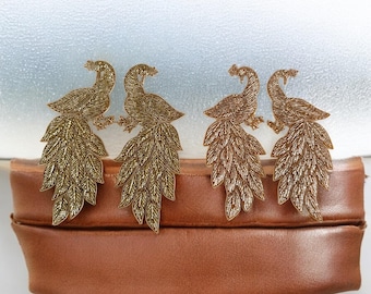 1 Pair ( 2 Pcs) Indian  Rose Gold/Gold Peacock Cutdana Zardosi Zari Embellished Handmade Blouse Dress Sew on Patch Applique