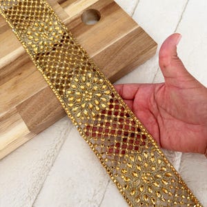 1 Yard Indian Antique Gold Cutwork Stone Embellished Dupatta Saree Sari Sewing Crafting Lace trim -Width 6.6 cm