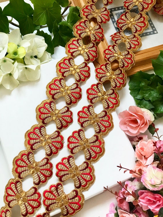 1 Yard Latest Indian Cutwork Bow Patch Sari Dupatta Golden Zari Lace Trim Border