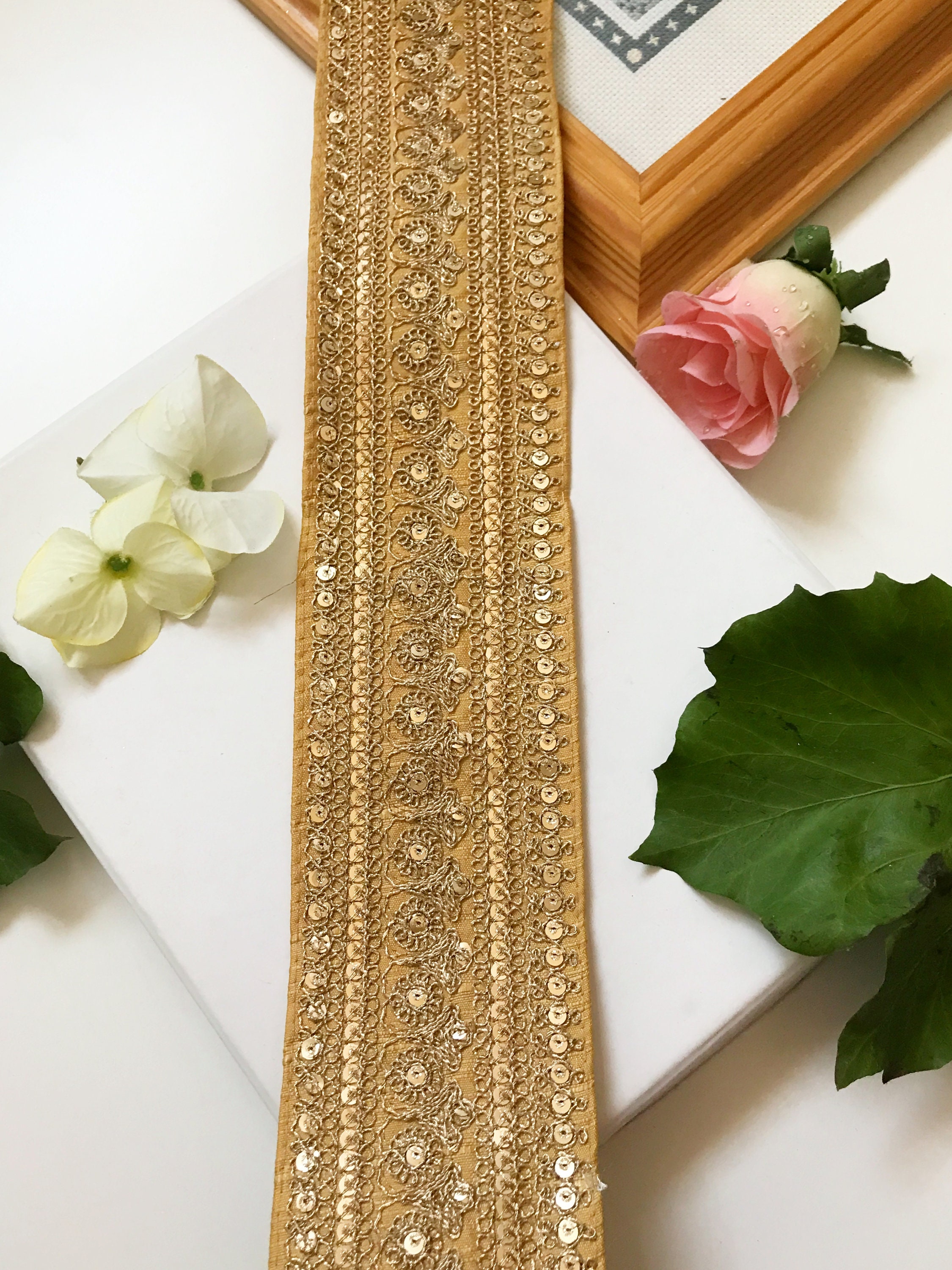 1 Yard Latest Indian Wide Sari Lace Trim with Zari N Sequin Embroidery Boarder