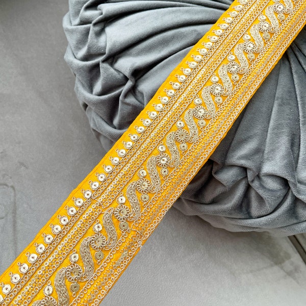 9.5 Yards Yellow Gold Zari Sequin Fabric Scarf Dupatta Border Dupatta Lace Craft Sewing Saree Indian Lace trim 6 Cm