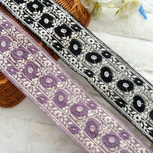 1 mètre noir/lavande brodé indien housses de coussin broderie ruban de sari couture artisanat bordure mariage garniture 3 pouces