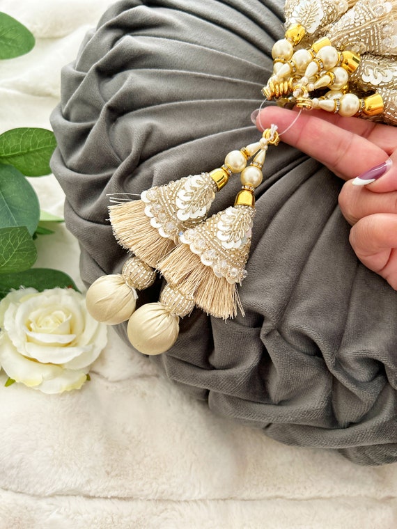 1 par de borlas de cuentas doradas de oro verde Zari Pearl, borlas  decorativas de joyería, borlas de blusa Saree, borlas indias, latkans de  costura