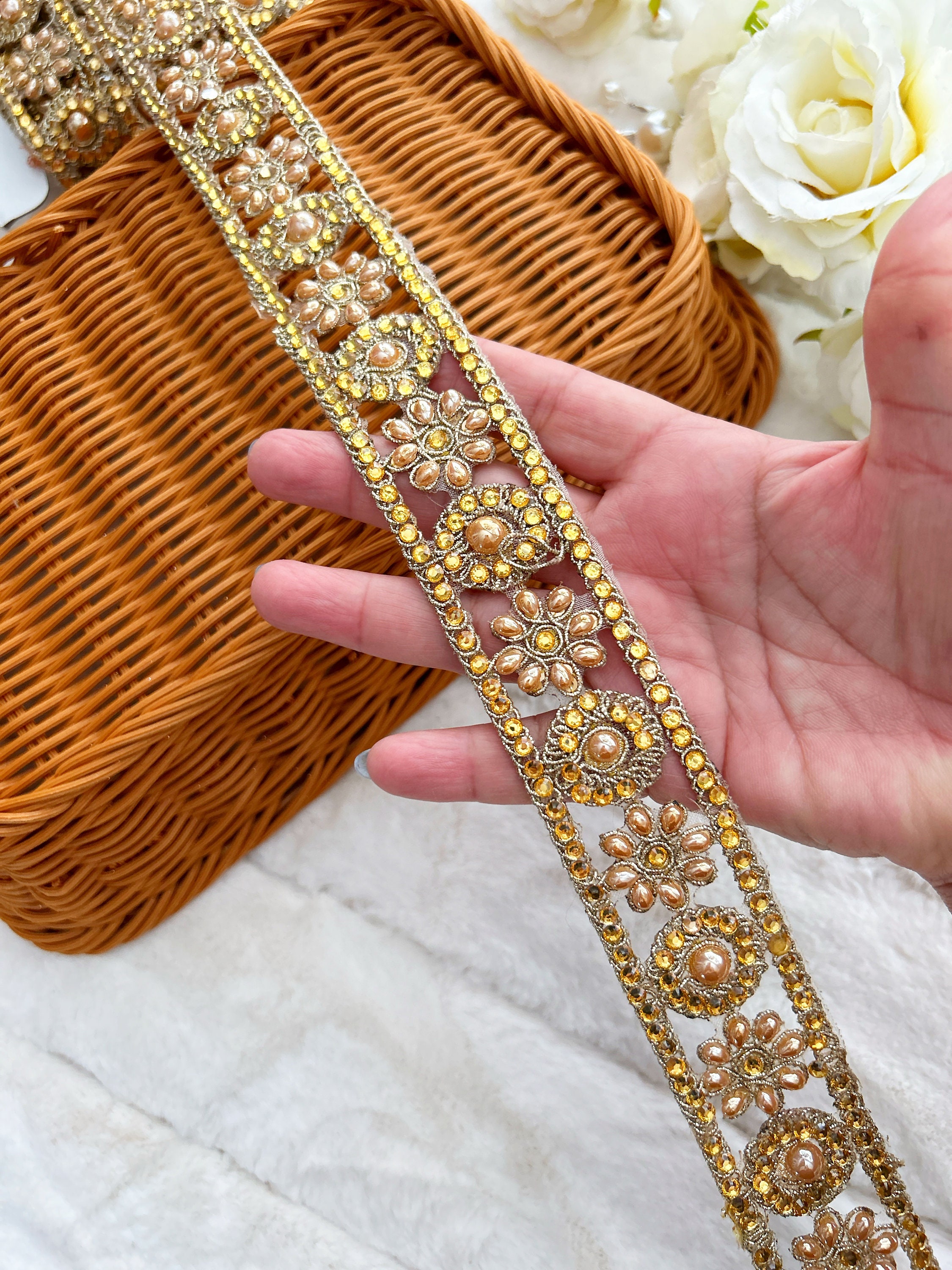 1 Yard Gold Indian Zari Crystal Stone Mirror Pearl Embellished Net Fabric  Trim Sari Dupatta Lace Trim Border, 11.5 Cm Wide 