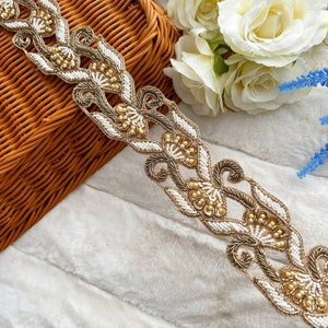 1 Yard Antique Gold Hand Embroidered  Zardosi Gold Trim with Cut-Work, Beads & Crystals Pearls 5 Cm Wide