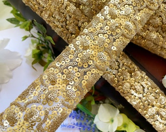 1 Yard/ 9.5 Yards Antique Gold Sequin Zari Lace Trim Net Fabric,Decorative sari border,Bridal, Sash, Dupatta Lace trim,Sewing, Dress 4.6 cm