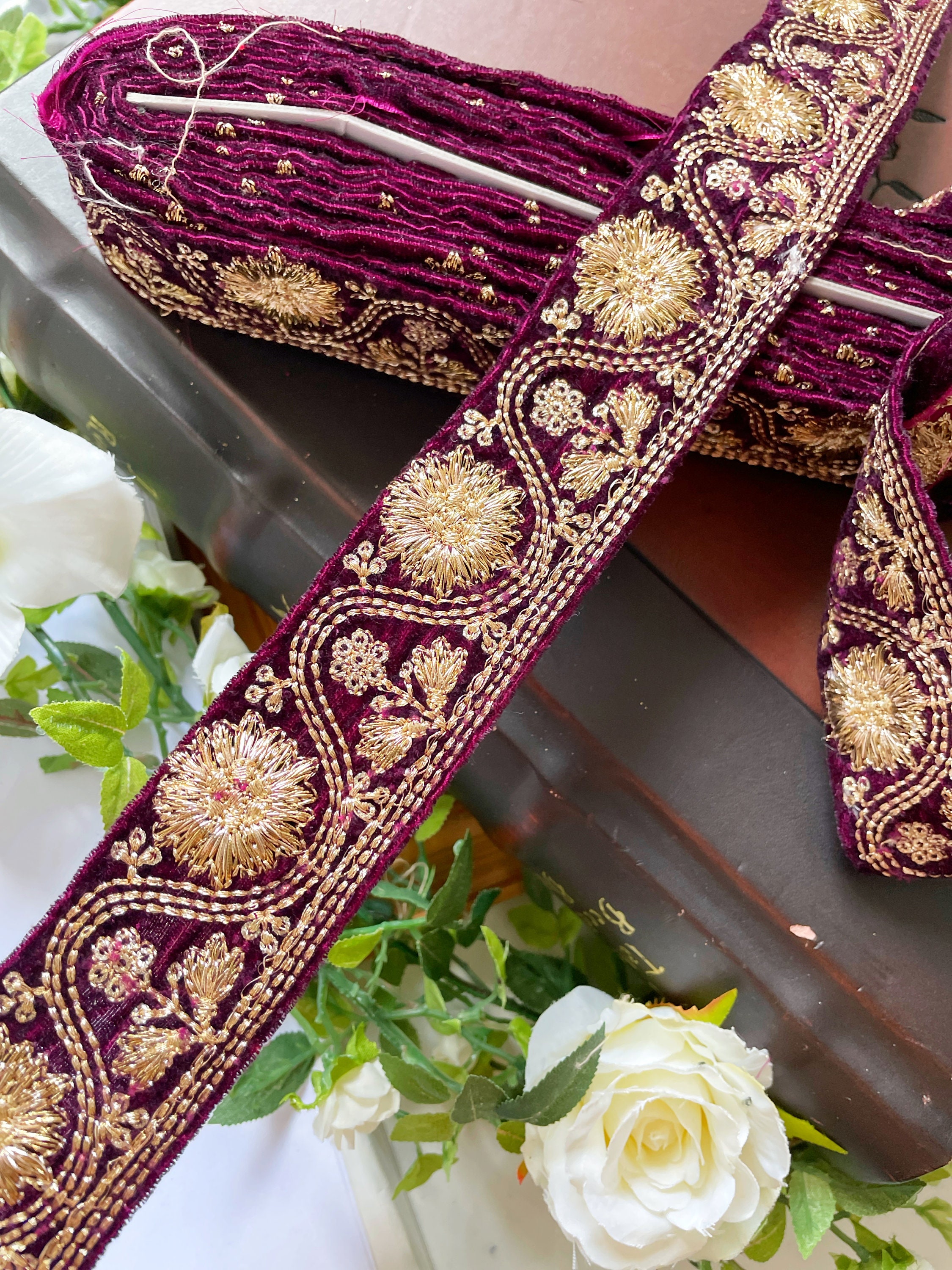 Buy Bridal Wine Indian Gold Zari Embroidered Velvet Lace Trim