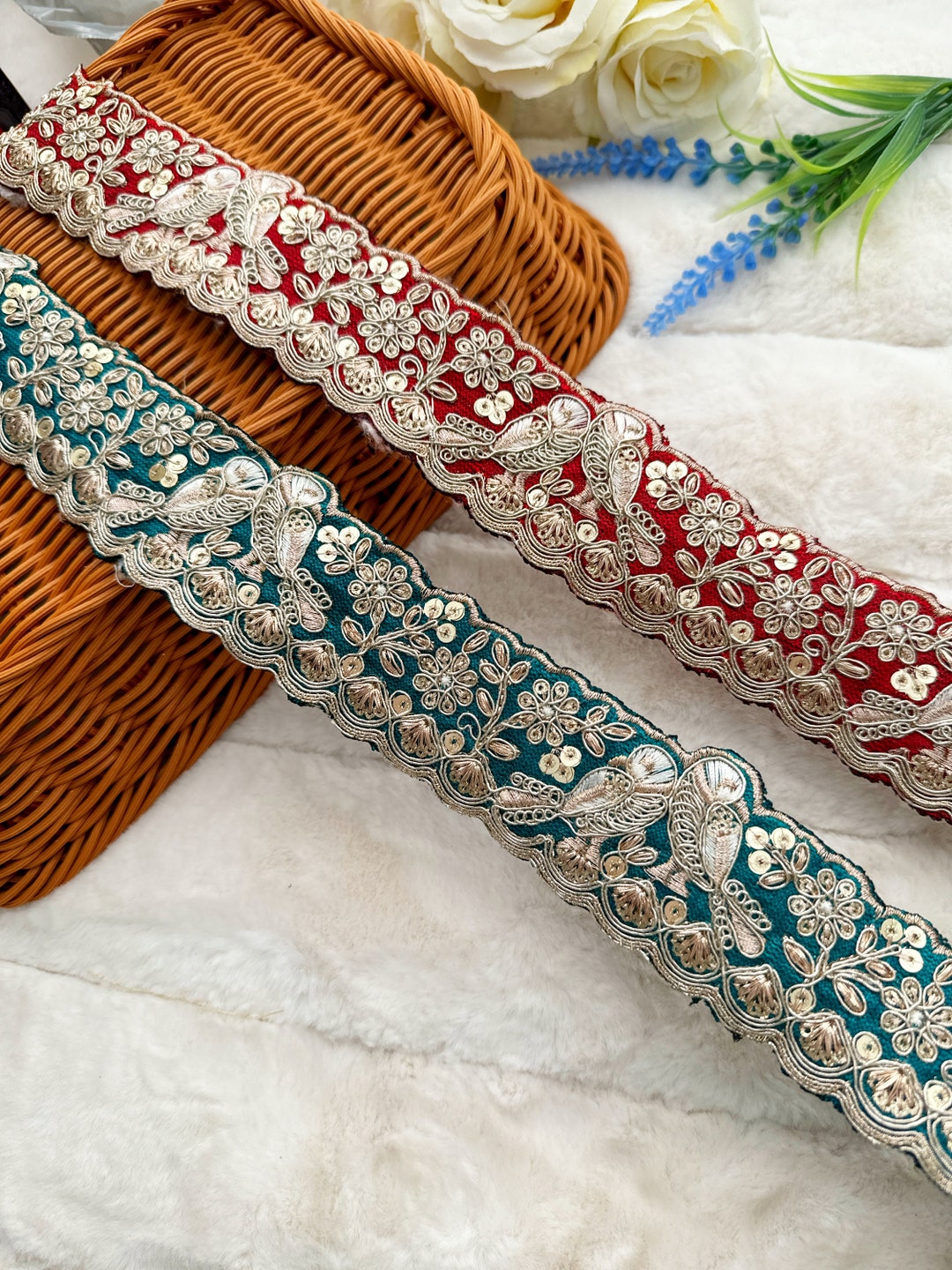 9.5 Yards Indian Maroon/ Rama Green Bridal Bird Scallop Sequin ...