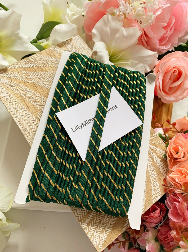 Sari Border Dupatta Decorative Craft Lace Trim Colour Fabric Sewing Indian BottleGreen Golden Gota Leharia Piping wide 1.3 cm,13 MM