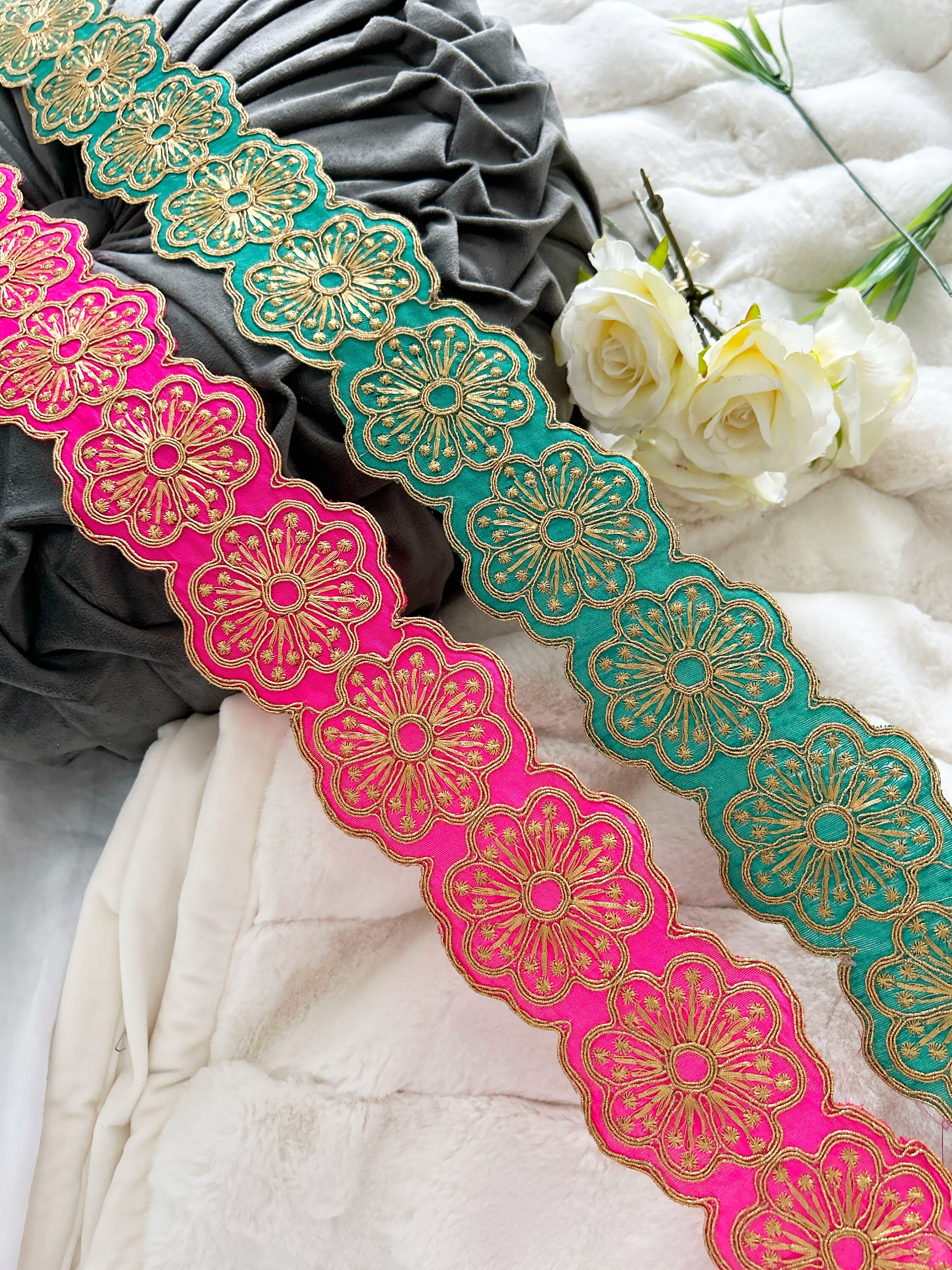 Gold Zari Embroidered Indian Lace Trim, Rama Green Border (9.5 Yards ...