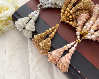 White/Antique Gold/Rose Gold Cut dana Zardosi Crystal Embellishe, Bridal Tassels, Decorative , Blouse Indian Sewing Latkans  1 Pair