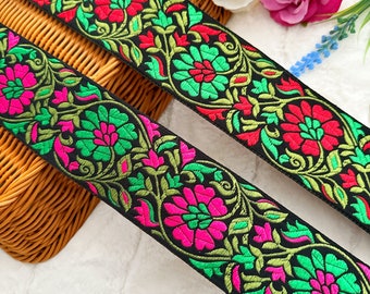 1 Yard Red/ Pink Green Floral Indian Jacquard Trim Embroidered Crafting sewing Dress lace Trim,Border,Sari Border Ribbon Craft,6.4 cm Wide