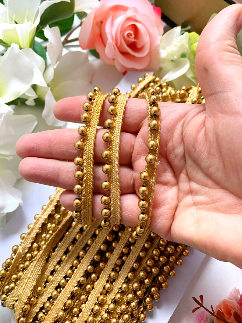 Indian Ribbon Gold Decorative Trim Matt Gold Beaded Trim Matt Gold Pearl Trim Bridal Wear Embellishment Indian Trim