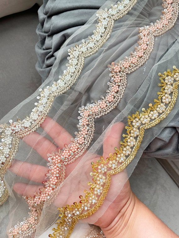 New Scalloped hand embroidered with beaded pearls applique embroidered beads cotton 3.25x4.75 main image 4